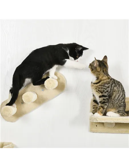 PawHut 4PCs Wall-Mounted Cat Shelves w/ Scratching Post, Hammock, Nest - Beige