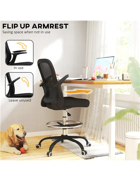 HOMCOM Draughtsman Chair, Mesh Drafting Chair, Ergonomic Office Chair with Flip-up Armrest, Adjustable Foot Ring, Black