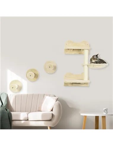 PawHut 4 Piece Cat Shelf with Scratching Post, Wall-Mounted Cat Tree for Indoor Cat - Beige