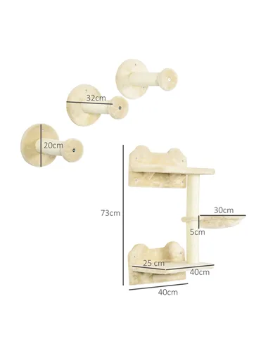 PawHut 4 Piece Cat Shelf with Scratching Post, Wall-Mounted Cat Tree for Indoor Cat - Beige