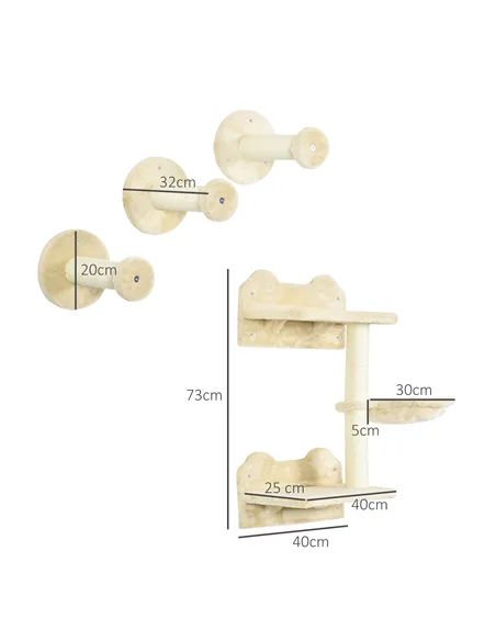 PawHut 4 Piece Cat Shelf with Scratching Post, Wall-Mounted Cat Tree for Indoor Cat - Beige