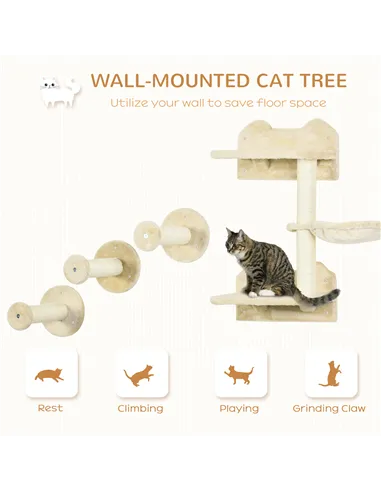 PawHut 4 Piece Cat Shelf with Scratching Post, Wall-Mounted Cat Tree for Indoor Cat - Beige
