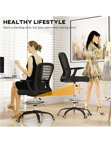 HOMCOM Draughtsman Chair, Mesh Drafting Chair, Ergonomic Office Chair with Flip-up Armrest, Adjustable Foot Ring, Black