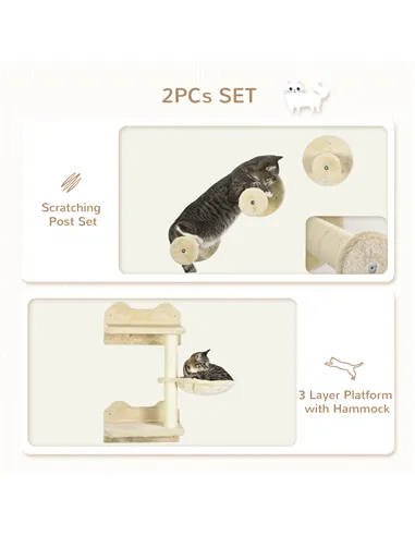 PawHut 4 Piece Cat Shelf with Scratching Post, Wall-Mounted Cat Tree for Indoor Cat - Beige