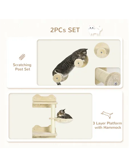 PawHut 4 Piece Cat Shelf with Scratching Post, Wall-Mounted Cat Tree for Indoor Cat - Beige