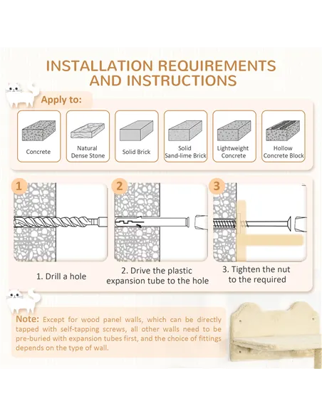 PawHut 4 Piece Cat Shelf with Scratching Post, Wall-Mounted Cat Tree for Indoor Cat - Beige