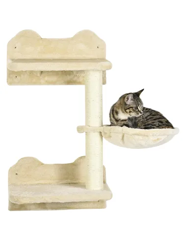 PawHut 4 Piece Cat Shelf with Scratching Post, Wall-Mounted Cat Tree for Indoor Cat - Beige