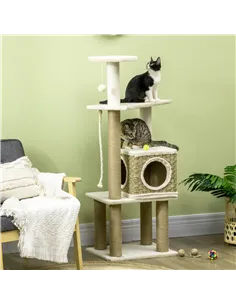 PawHut Cat Tree, with Scratching Post, Cat House & Hanging Toy Ball - Beige 2