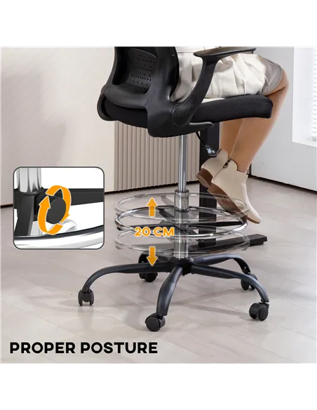 HOMCOM Draughtsman Chair, Mesh Drafting Chair, Ergonomic Office Chair with Flip-up Armrest, Adjustable Foot Ring, Black