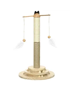 PawHut Cat Tree, with Scratching Post, Turntable Toy Ball - Natural Finish