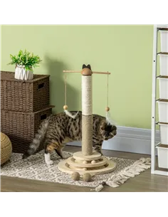 PawHut Cat Tree, with Scratching Post, Turntable Toy Ball - Natural Finish 2