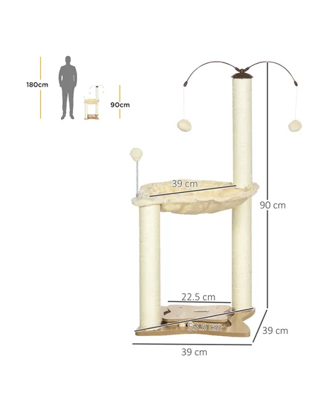 PawHut Cat Tree, with Scratching Posts, Hammock, Toy Ball - Beige