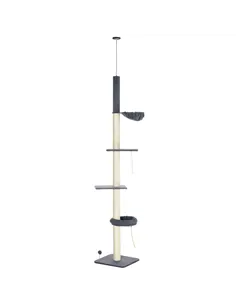 PawHut 240-270cm Floor-To-Ceiling Cat Tree, 5 Tier Cat Climbing Tower, with Bed, Hammock, Platforms, Dark Grey and Cream