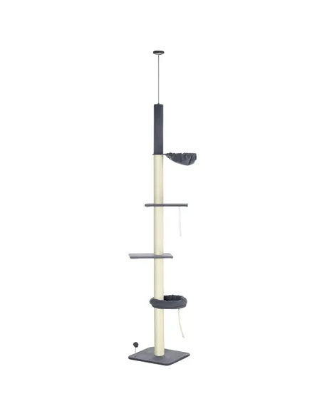 PawHut 240-270cm Floor-To-Ceiling Cat Tree, 5 Tier Cat Climbing Tower, with Bed, Hammock, Platforms, Dark Grey and Cream