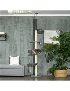 PawHut 240-270cm Floor-To-Ceiling Cat Tree, 5 Tier Cat Climbing Tower, with Bed, Hammock, Platforms, Dark Grey and Cream 2