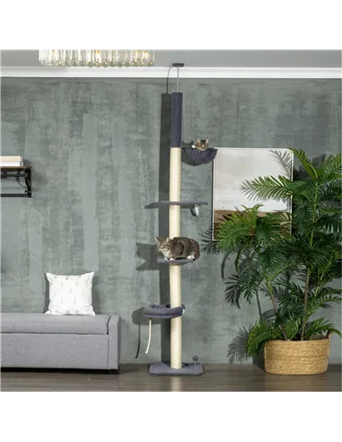 PawHut 240-270cm Floor-To-Ceiling Cat Tree, 5 Tier Cat Climbing Tower, with Bed, Hammock, Platforms, Dark Grey and Cream
