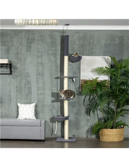 PawHut 240-270cm Floor-To-Ceiling Cat Tree, 5 Tier Cat Climbing Tower, with Bed, Hammock, Platforms, Dark Grey and Cream
