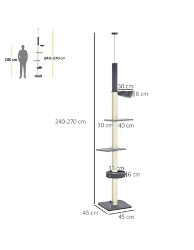 PawHut 240-270cm Floor-To-Ceiling Cat Tree, 5 Tier Cat Climbing Tower, with Bed, Hammock, Platforms, Dark Grey and Cream