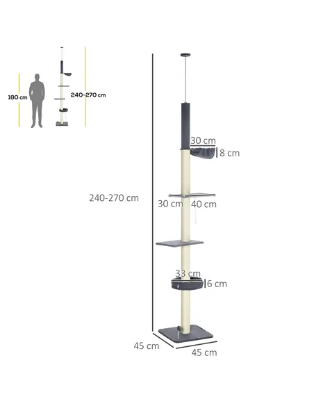 PawHut 240-270cm Floor-To-Ceiling Cat Tree, 5 Tier Cat Climbing Tower, with Bed, Hammock, Platforms, Dark Grey and Cream