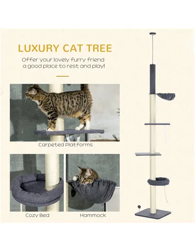 PawHut 240-270cm Floor-To-Ceiling Cat Tree, 5 Tier Cat Climbing Tower, with Bed, Hammock, Platforms, Dark Grey and Cream