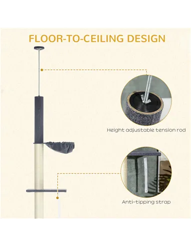 PawHut 240-270cm Floor-To-Ceiling Cat Tree, 5 Tier Cat Climbing Tower, with Bed, Hammock, Platforms, Dark Grey and Cream