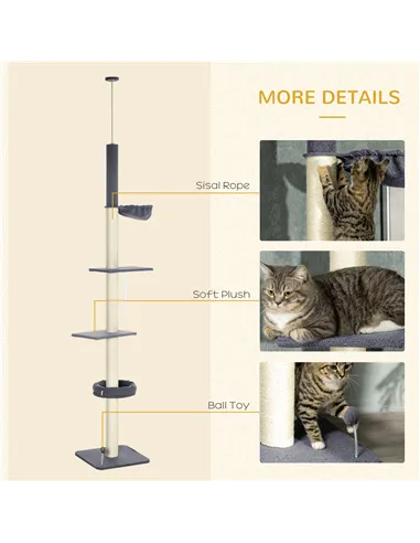 PawHut 240-270cm Floor-To-Ceiling Cat Tree, 5 Tier Cat Climbing Tower, with Bed, Hammock, Platforms, Dark Grey and Cream