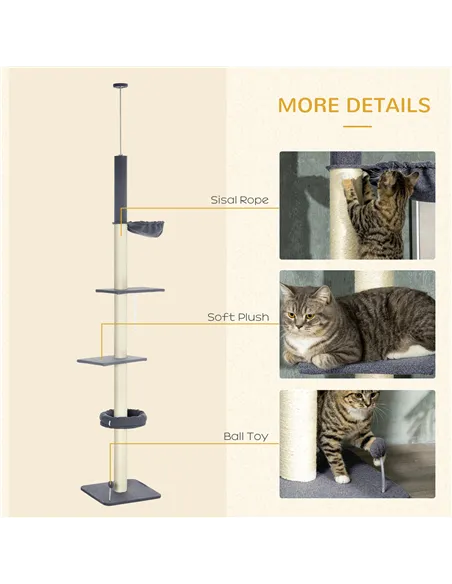 PawHut 240-270cm Floor-To-Ceiling Cat Tree, 5 Tier Cat Climbing Tower, with Bed, Hammock, Platforms, Dark Grey and Cream