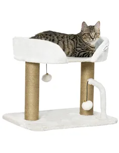 PawHut 42cm Indoor Cat Tree, with Toy Balls, Jute Scratching Post - White