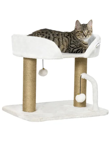 PawHut 42cm Indoor Cat Tree, with Toy Balls, Jute Scratching Post - White