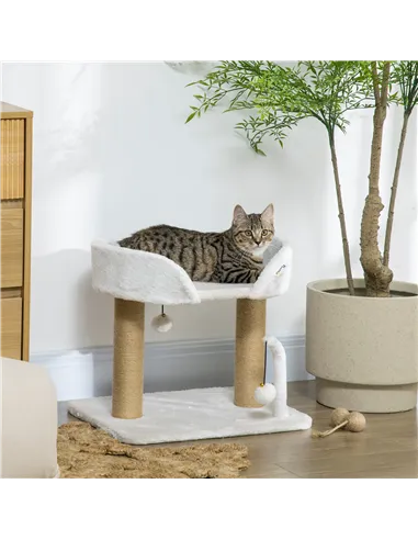 PawHut 42cm Indoor Cat Tree, with Toy Balls, Jute Scratching Post - White