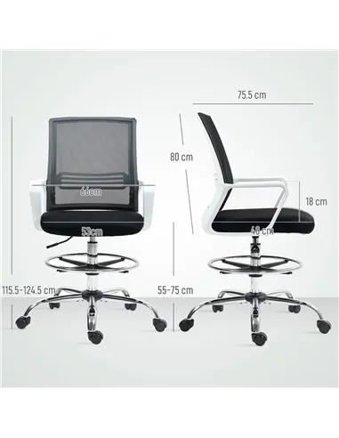 HOMCOM Draughtsman Chair, Mesh Drafting Chair, Ergonomic Office Chair with Lumbar Support, Adjustable Foot Ring, Black