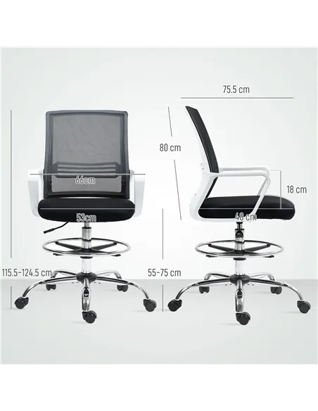 HOMCOM Draughtsman Chair, Mesh Drafting Chair, Ergonomic Office Chair with Lumbar Support, Adjustable Foot Ring, Black