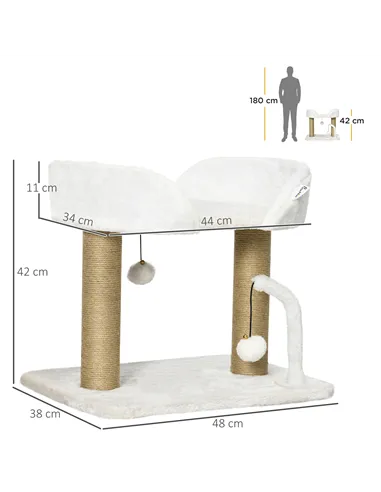 PawHut 42cm Indoor Cat Tree, with Toy Balls, Jute Scratching Post - White