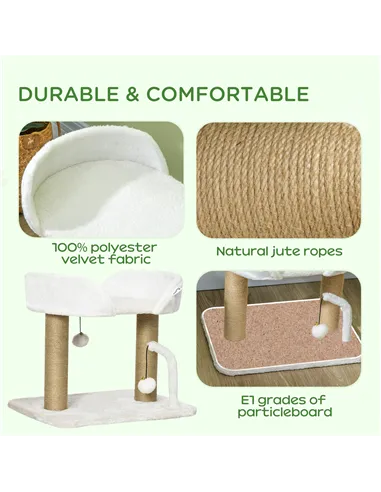 PawHut 42cm Indoor Cat Tree, with Toy Balls, Jute Scratching Post - White