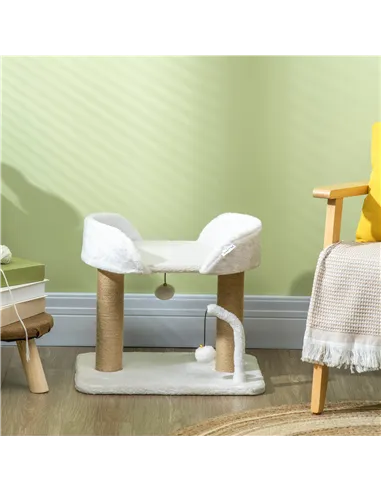 PawHut 42cm Indoor Cat Tree, with Toy Balls, Jute Scratching Post - White