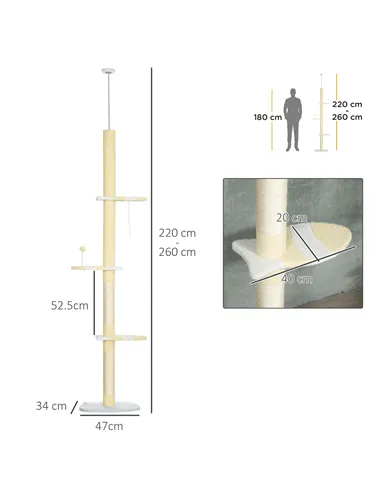 PawHut 260cm Adjustable Floor-To-Ceiling Cat Tree w/ Anti-Tipping Kit, Toy Ball