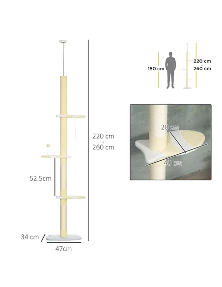 PawHut 260cm Adjustable Floor-To-Ceiling Cat Tree w/ Anti-Tipping Kit, Toy Ball