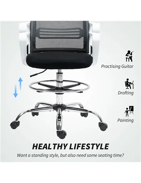 HOMCOM Draughtsman Chair, Mesh Drafting Chair, Ergonomic Office Chair with Lumbar Support, Adjustable Foot Ring, Black