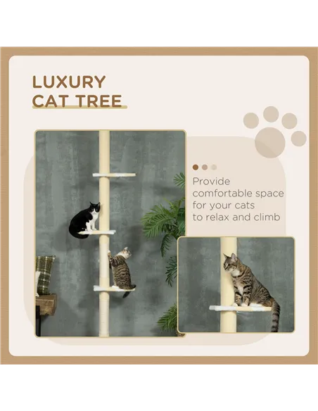 PawHut 260cm Adjustable Floor-To-Ceiling Cat Tree w/ Anti-Tipping Kit, Toy Ball