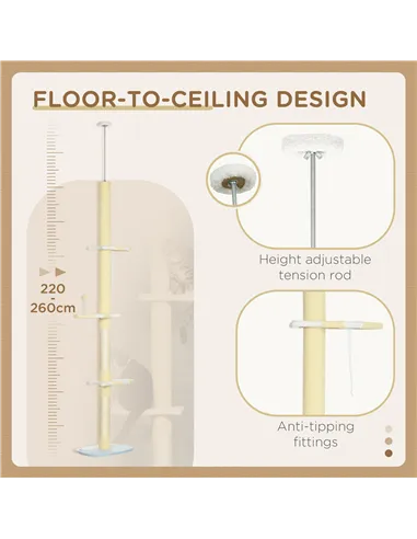 PawHut 260cm Adjustable Floor-To-Ceiling Cat Tree w/ Anti-Tipping Kit, Toy Ball