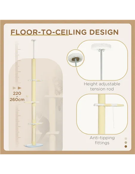 PawHut 260cm Adjustable Floor-To-Ceiling Cat Tree w/ Anti-Tipping Kit, Toy Ball