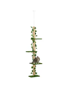 PawHut 242cm Adjustable Floor-To-Ceiling Cat Tree, with Artificial Decoration, Perches, Anti-Slip Kit - Green
