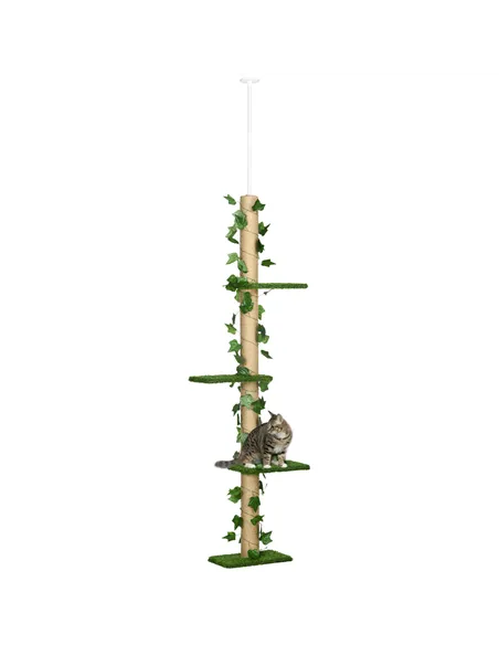 PawHut 242cm Adjustable Floor-To-Ceiling Cat Tree, with Artificial Decoration, Perches, Anti-Slip Kit - Green