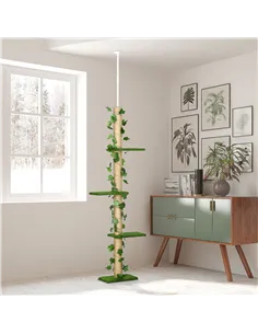 PawHut 242cm Adjustable Floor-To-Ceiling Cat Tree, with Artificial Decoration, Perches, Anti-Slip Kit - Green 2