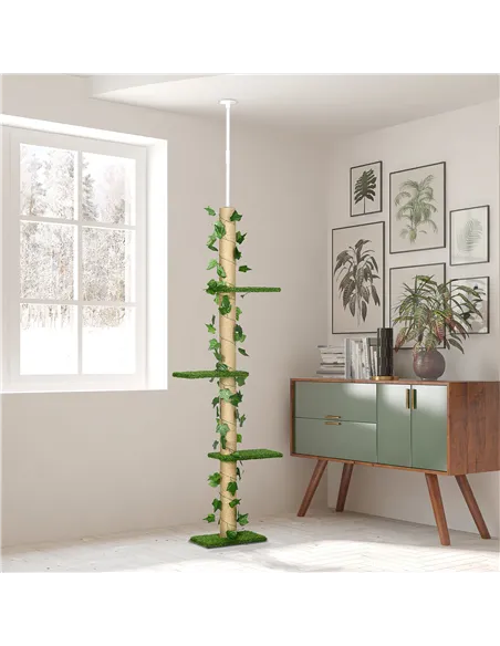 PawHut 242cm Adjustable Floor-To-Ceiling Cat Tree, with Artificial Decoration, Perches, Anti-Slip Kit - Green
