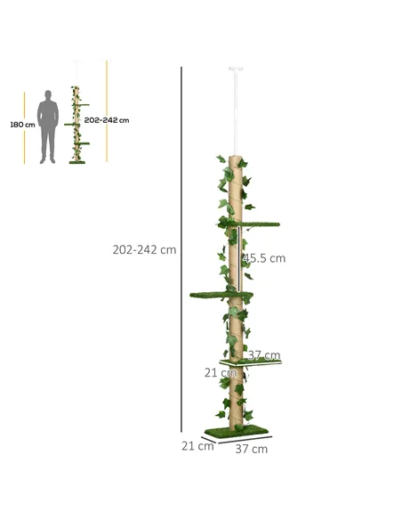 PawHut 242cm Adjustable Floor-To-Ceiling Cat Tree, with Artificial Decoration, Perches, Anti-Slip Kit - Green