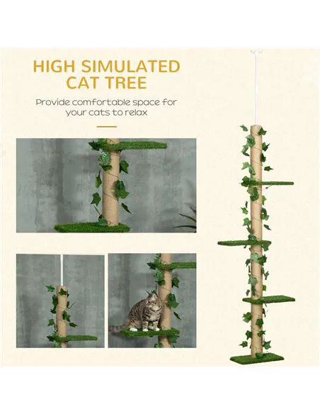 PawHut 242cm Adjustable Floor-To-Ceiling Cat Tree, with Artificial Decoration, Perches, Anti-Slip Kit - Green