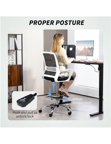 HOMCOM Draughtsman Chair, Mesh Drafting Chair, Ergonomic Office Chair with Lumbar Support, Adjustable Foot Ring, Black