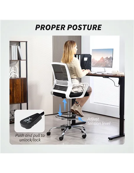 HOMCOM Draughtsman Chair, Mesh Drafting Chair, Ergonomic Office Chair with Lumbar Support, Adjustable Foot Ring, Black