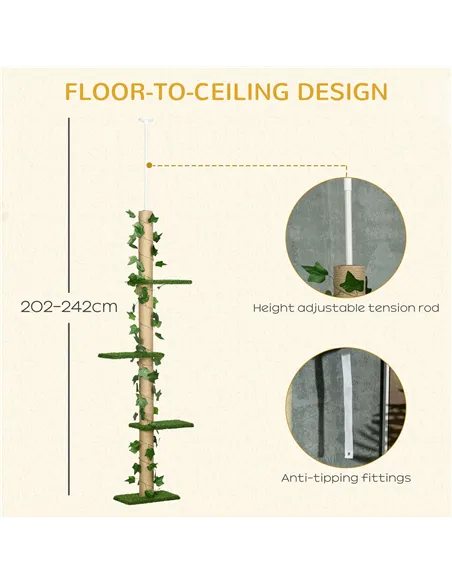 PawHut 242cm Adjustable Floor-To-Ceiling Cat Tree, with Artificial Decoration, Perches, Anti-Slip Kit - Green